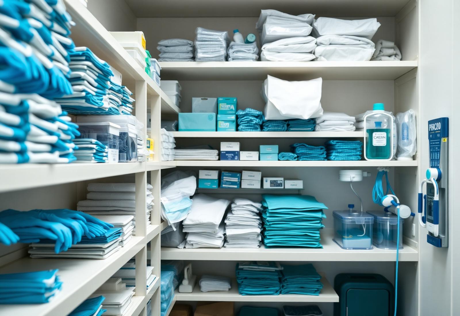 Organized shelves of medical supplies in a clinical storeroom